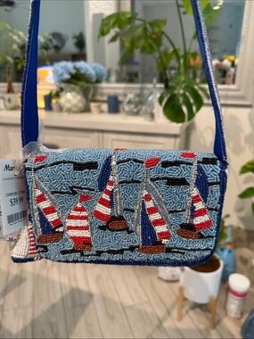 Beaded Mini Sailboat Shoulder Bag in Blue